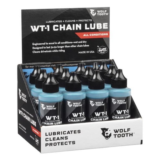 [WT-LUBE-WT1-2OZ-12PK] WOLFTOOTH WT-1 LUBRICANTE PARA CADENA / CAJA EXHIBIDOR DE 12 FRASCOS DE 2 Oz